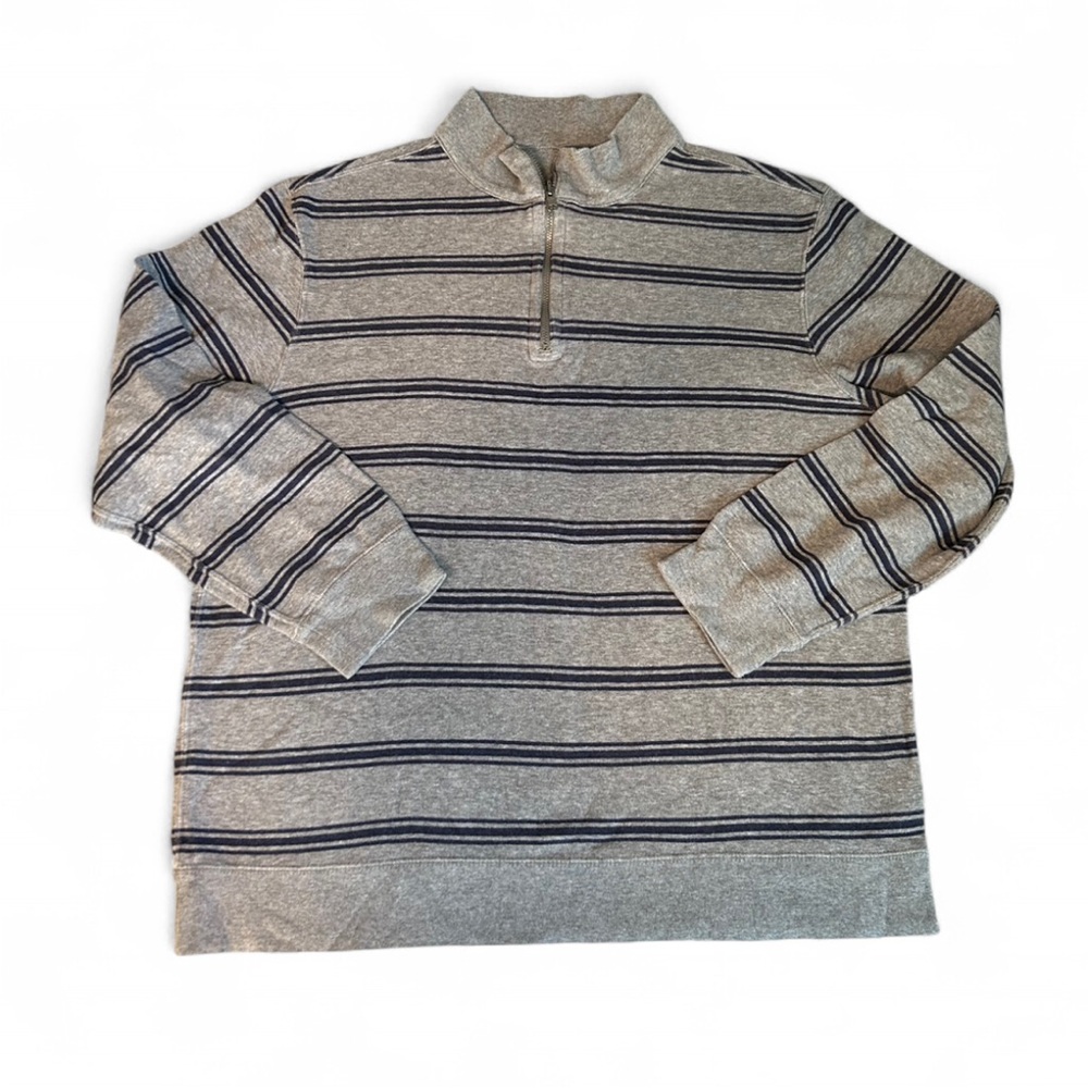 Chaps Men's Gray and Navy Striped Quarter Zip Pullover Sweater